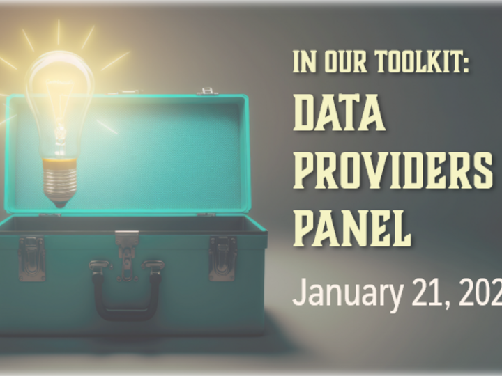 On the left, a toolbox with a floating lightbulb in it, and the text In Our Toolbox: Data Providers Panel, January 21, 2026