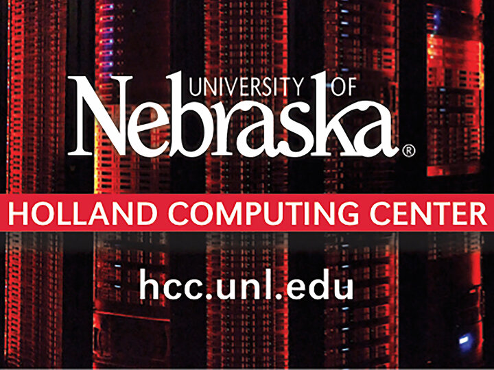 Holland Computing Center in white text on a red stripe, under the University of Nebraska logo, and the website address hcc.unl.edu underneath