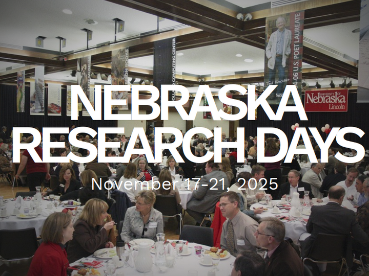 Nebraska Research Days November 17-21, 2025 in white text over an image of researchers talking around dining tables