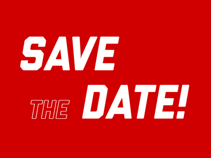 Save the Date in white text on a red background