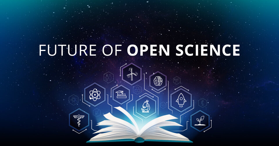 Image of an open book with science related images above it, and the text "Future of Open Science"